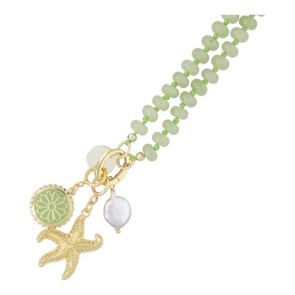 Ketting_glaskralen_lichtgroen_geknoopt_donut_5x8mm_met_clip_en_bedels