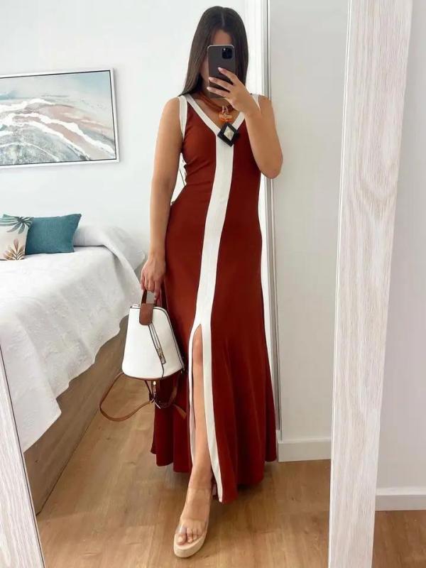Lange_tweekleurige_jurk_met_bandjes_rood_2