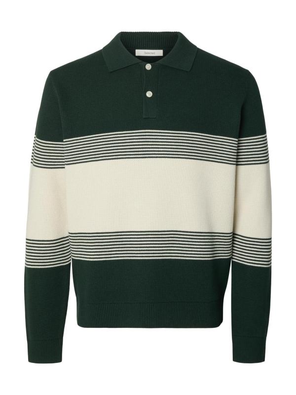 Slmdane_Ls_Knit_Stripe_Polo_Donker_Groen